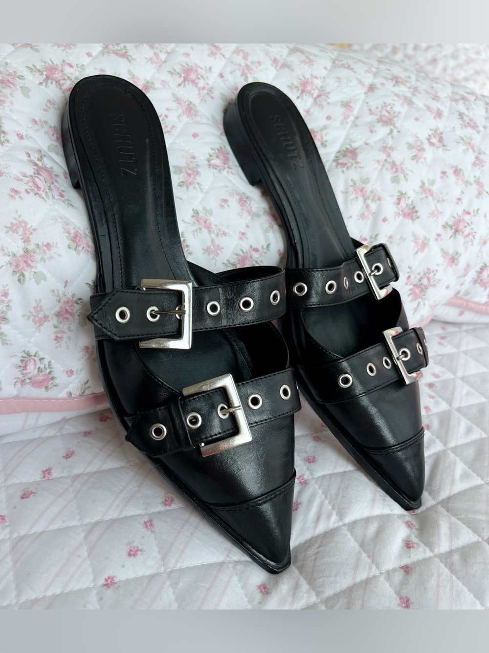 Schutz Penny Black Leather Pointed Toe Double Buckle Mule Goth Grunge Flats 11B - Picture 4 of 6